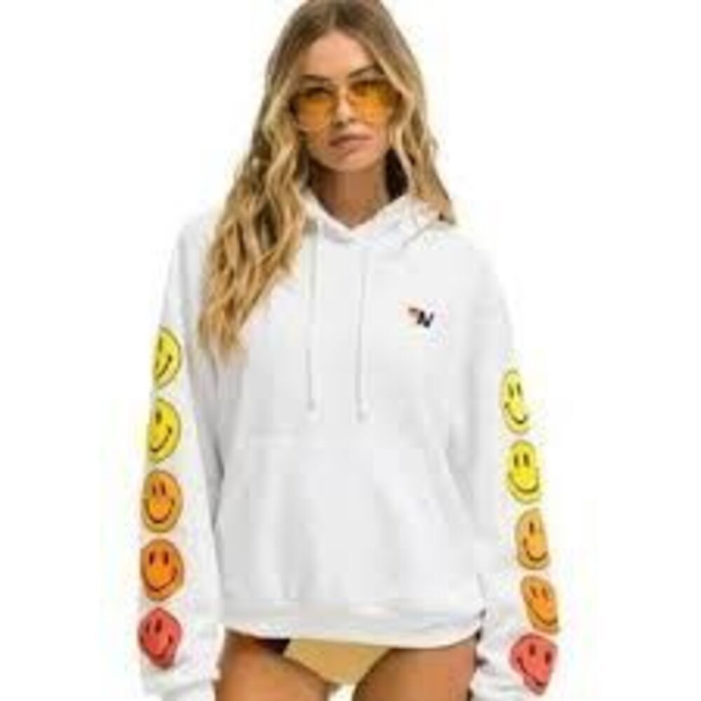 RARE Aviator Nation Smiley Sleeve Hoodie White Rainbow Logo Pullover XS